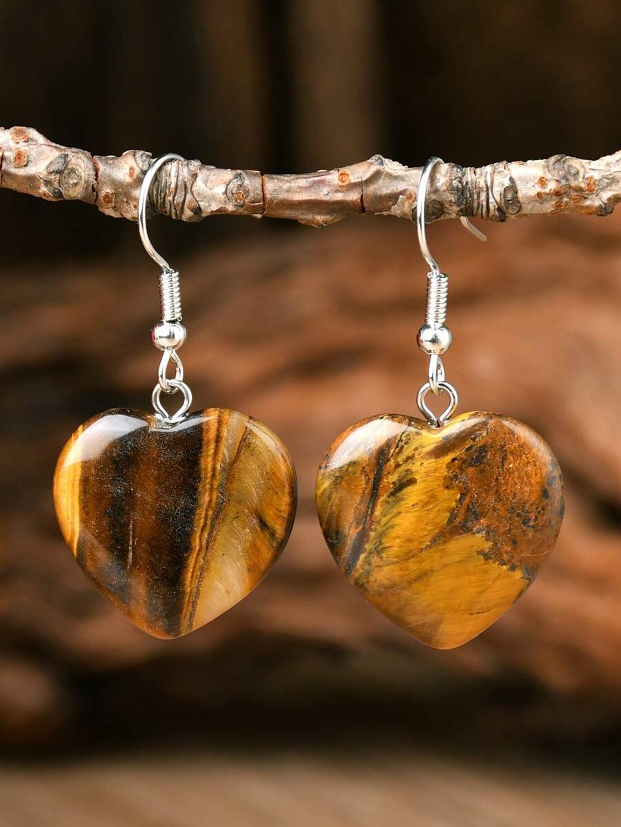 Natural Stone Heart Earrings - Tiger Eye Stone