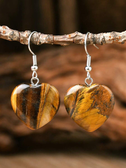 Natural Stone Heart Earrings - Tiger Eye Stone