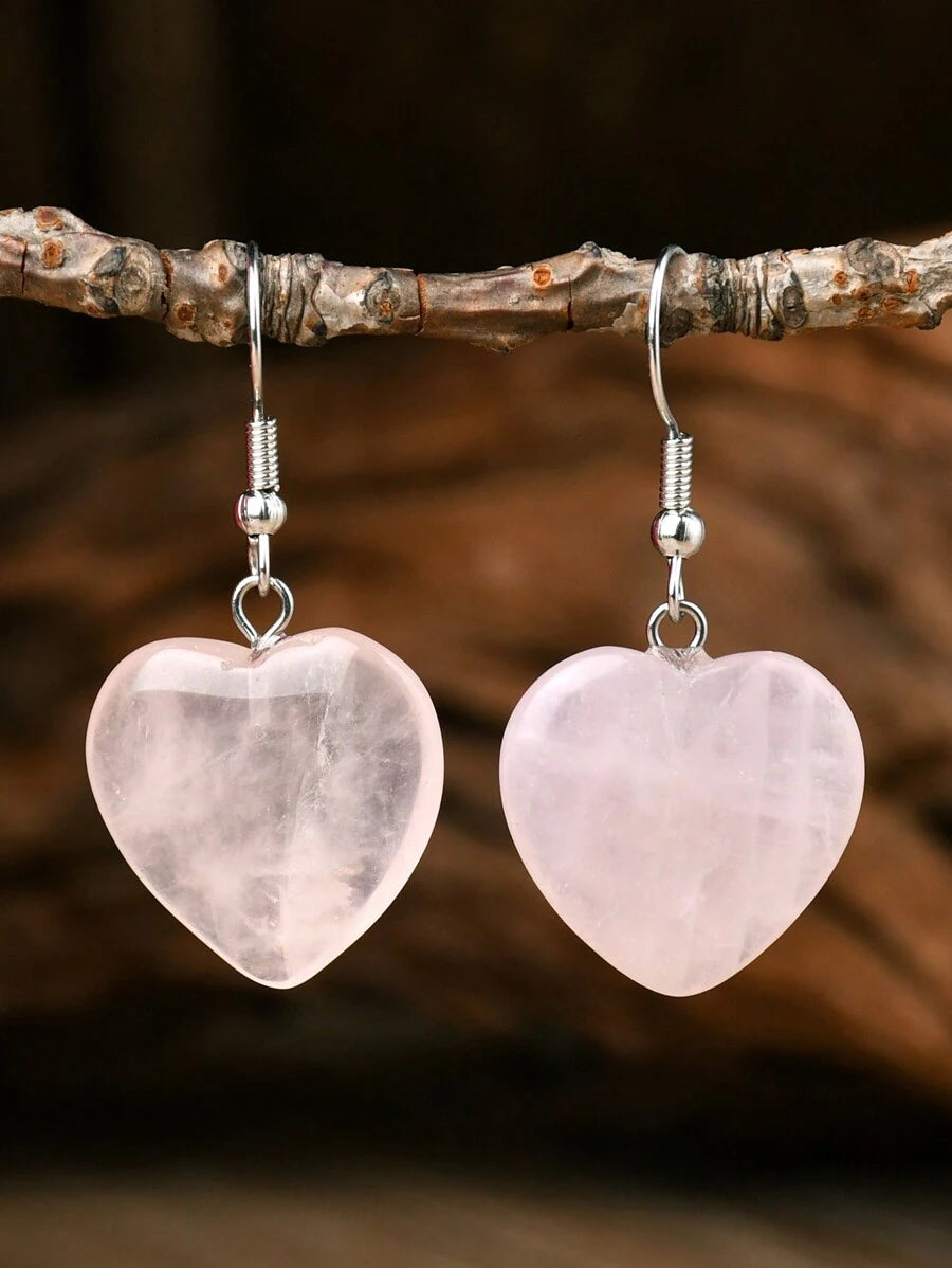 Natural Stone Heart Earrings - Rose Quartz