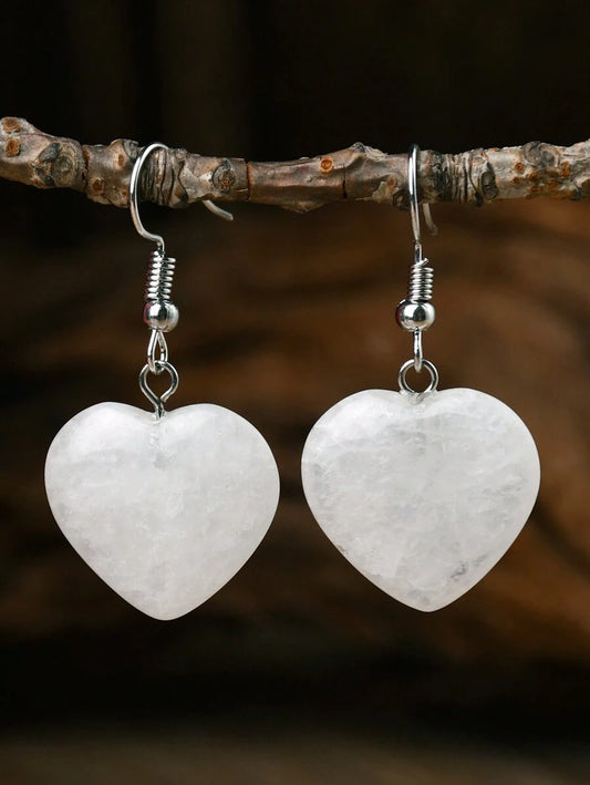 Natural Stone Heart Earrings - White Crystal