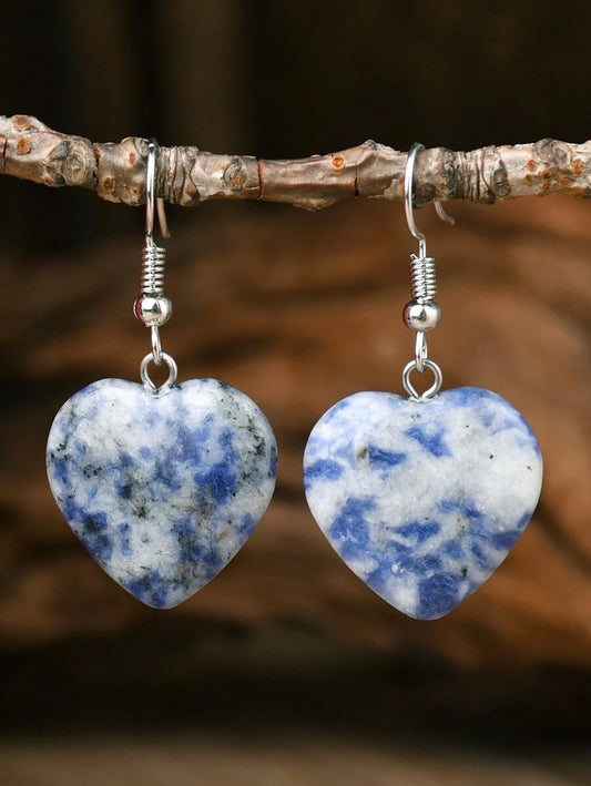 Natural Stone Heart Earrings - Blue Dot Stone