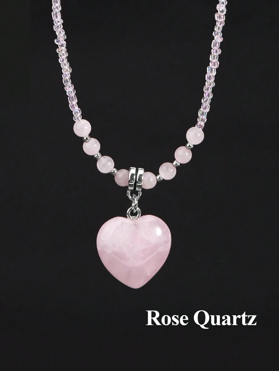 Heart Natural Stone Crystal Necklace - Rose Quartz