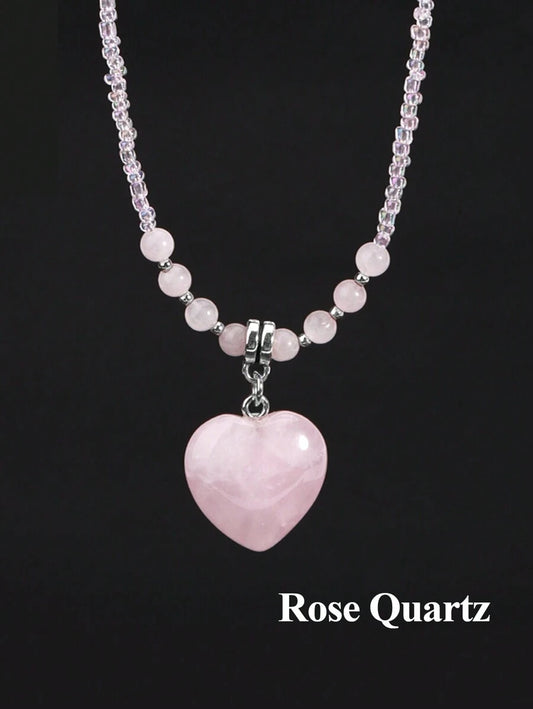 Heart Natural Stone Crystal Necklace - Rose Quartz