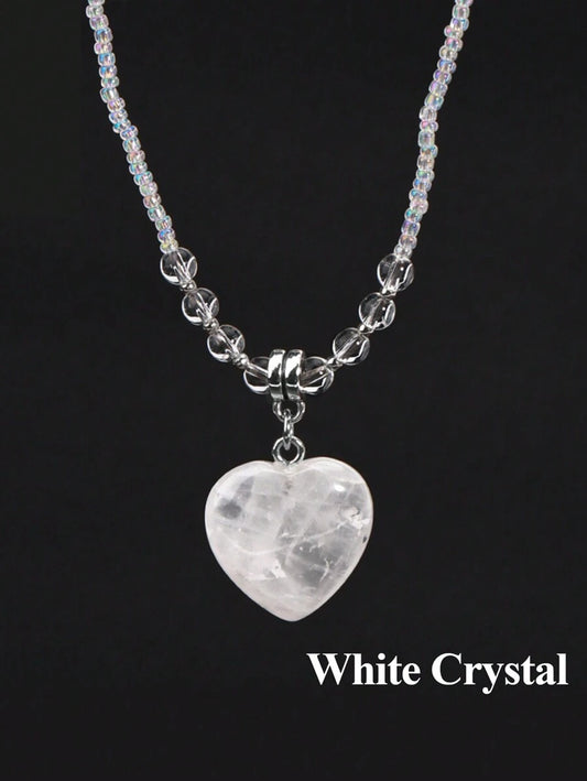 Heart Natural Stone Crystal Necklace - White Crystal