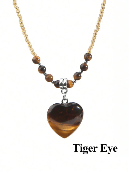 Heart Natural Stone Crystal Necklace - Tiger Eye Stone
