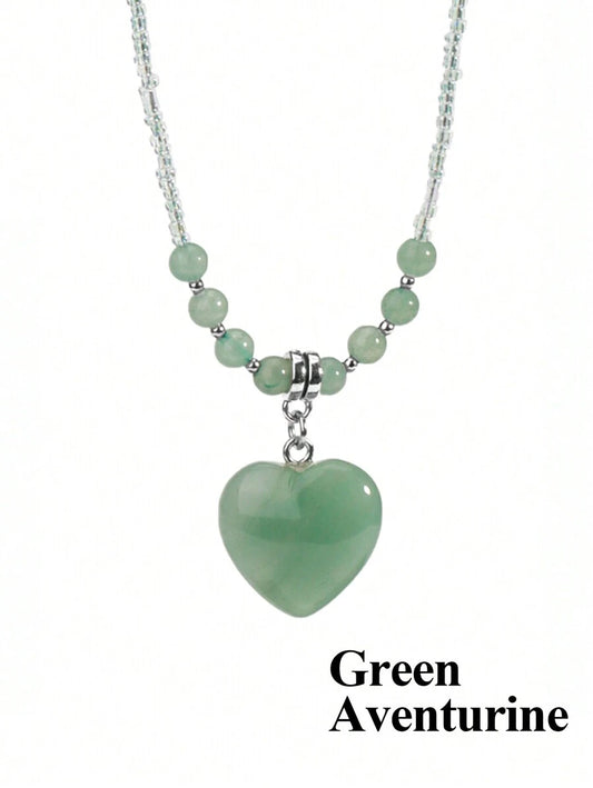 Heart Natural Stone Crystal Necklace - Green