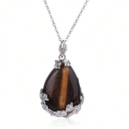 Natural Stone Water Drop Flower Necklace - Tiger Eye Stone