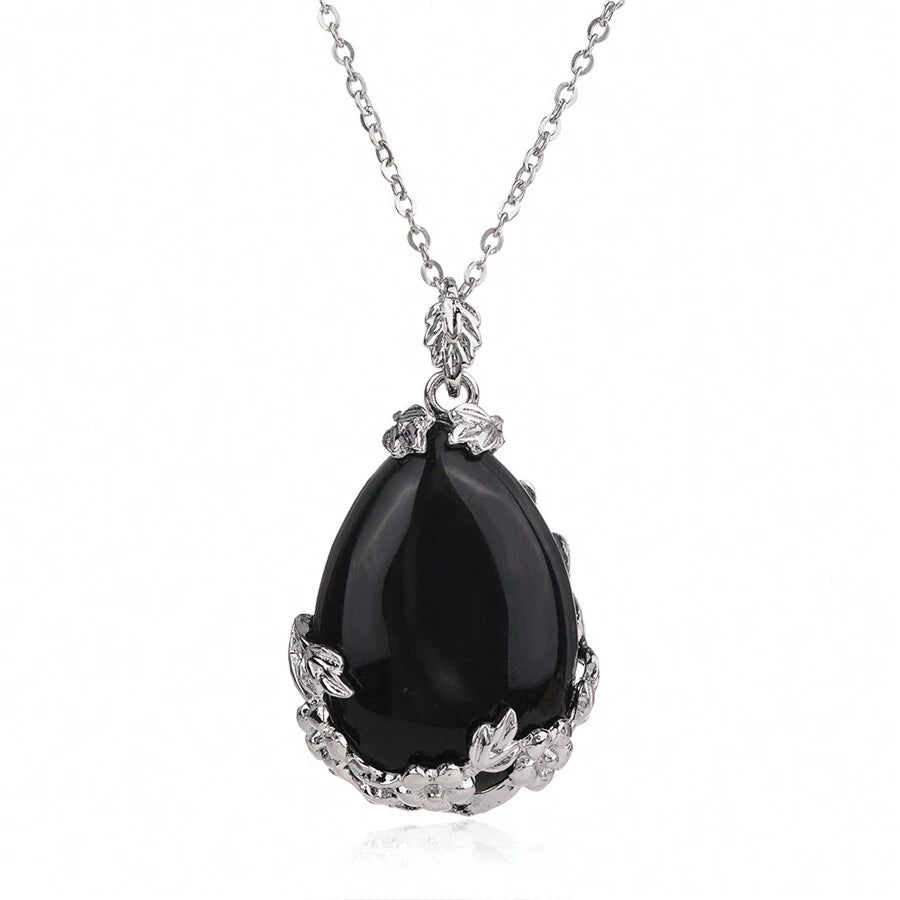 Natural Stone Water Drop Flower Necklace - Black Onyx
