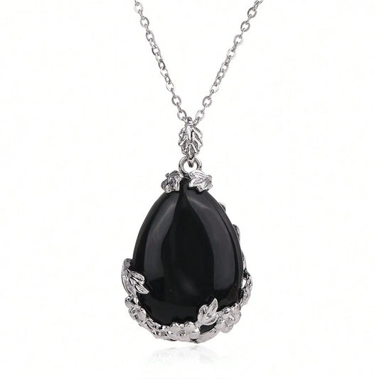 Natural Stone Water Drop Flower Necklace - Black Onyx
