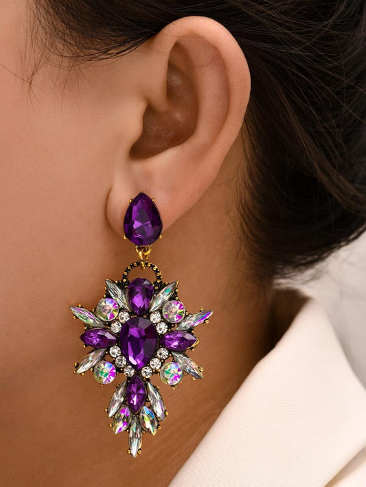 Rhinestone Drop Earrings - Purple