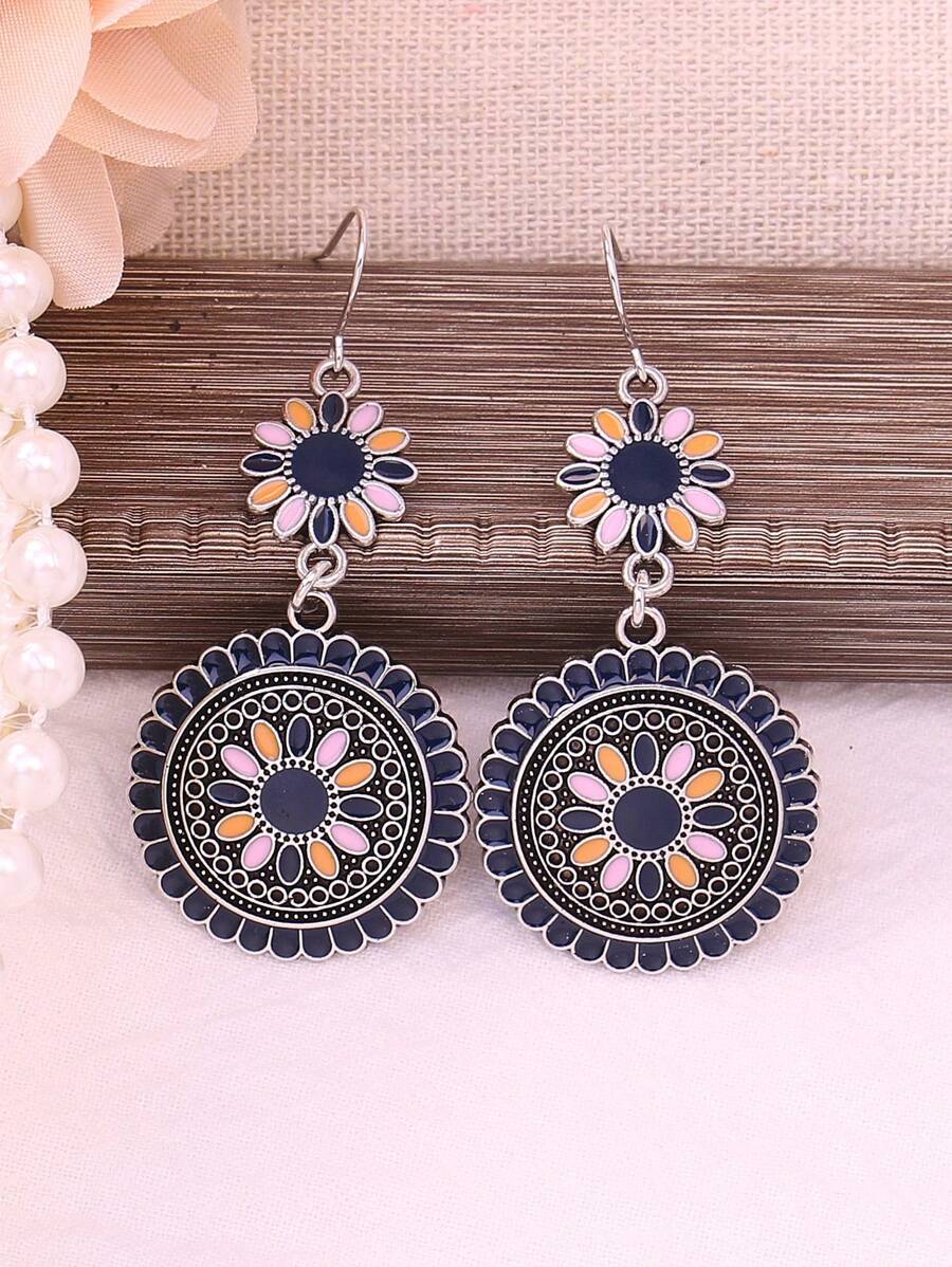 Round Flower Drop Earrings - Blue