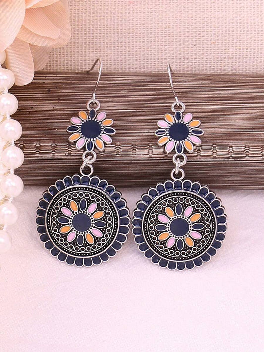 Round Flower Drop Earrings - Blue