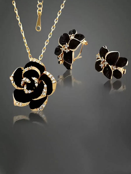 Black Rose Jewelry Set - Gold