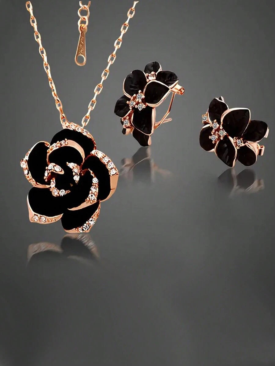 Black Rose Jewelry Set - Rose Gold