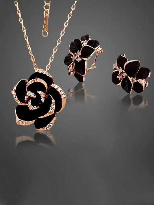 Black Rose Jewelry Set - Rose Gold