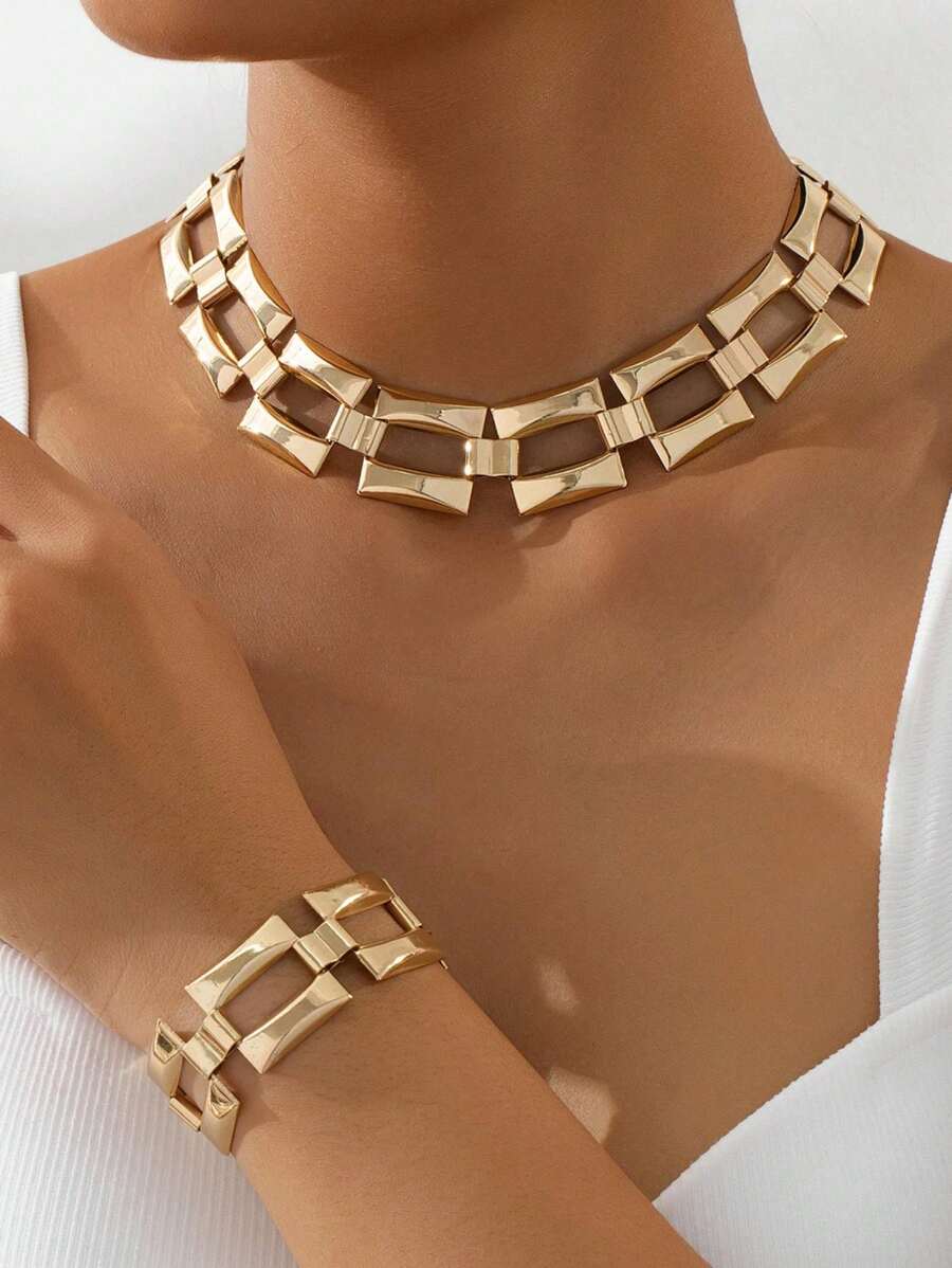 Hollow Geometric Square Metal Set - Gold