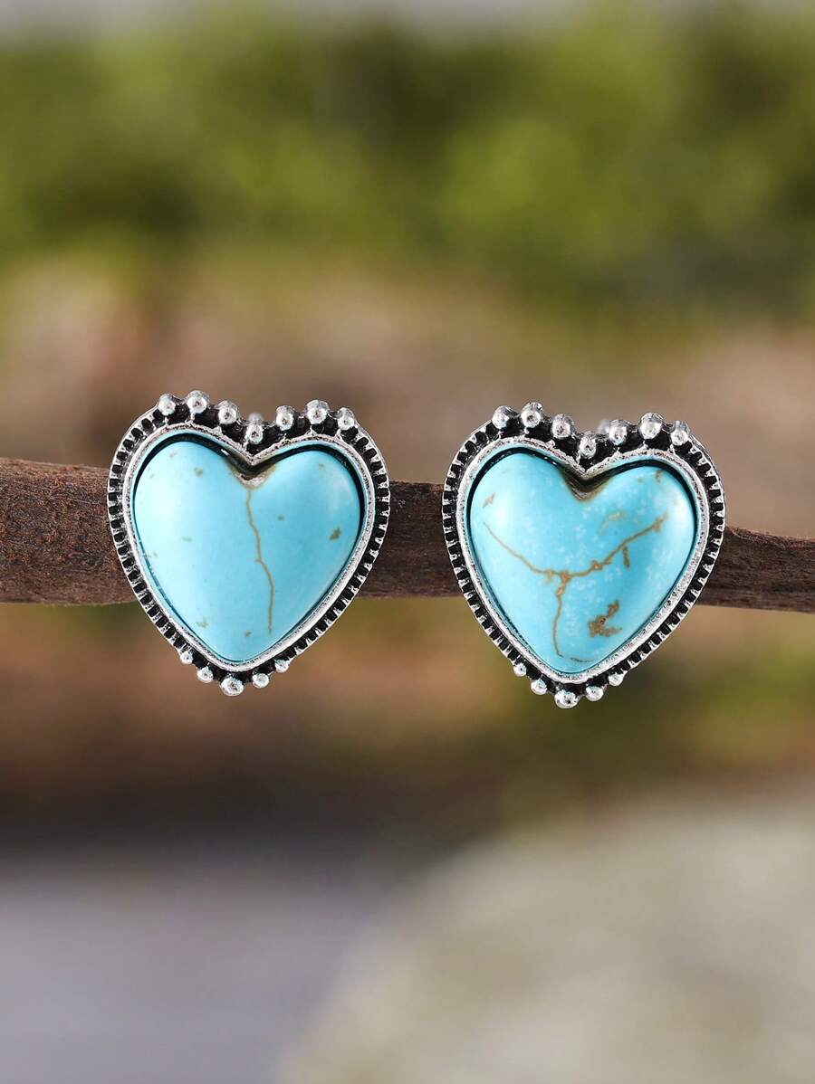 Turquoise Heart Shaped Stud Earring - Blue