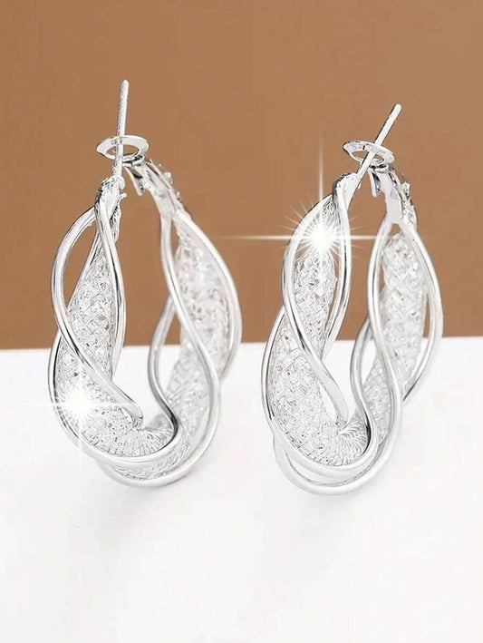 Spiral Hollow Mesh Hoops - Silver