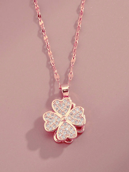 Four Leaf Clover Spinner Necklace - Rose Gold