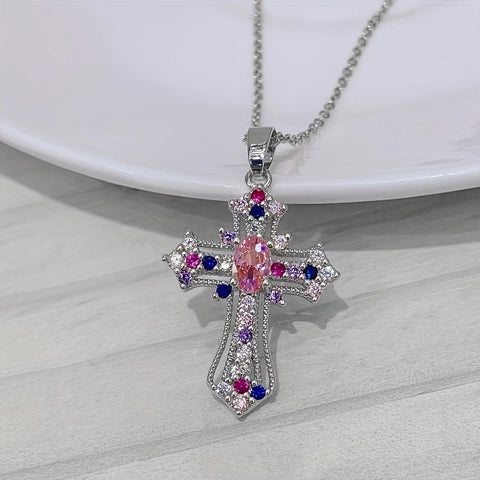 Rhinestone Cross Necklace - Multi