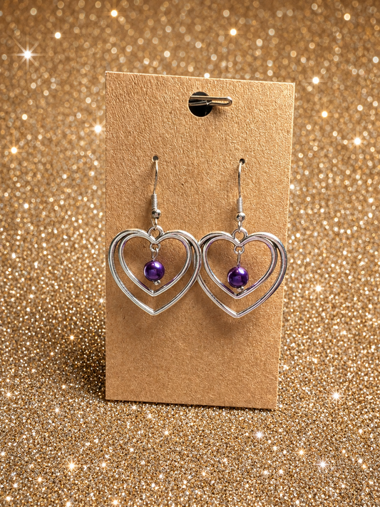 Custom Earrings - Double Pearl Heart - Purple