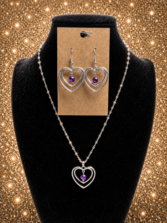 Custom Earrings - Double Pearl Heart - Purple