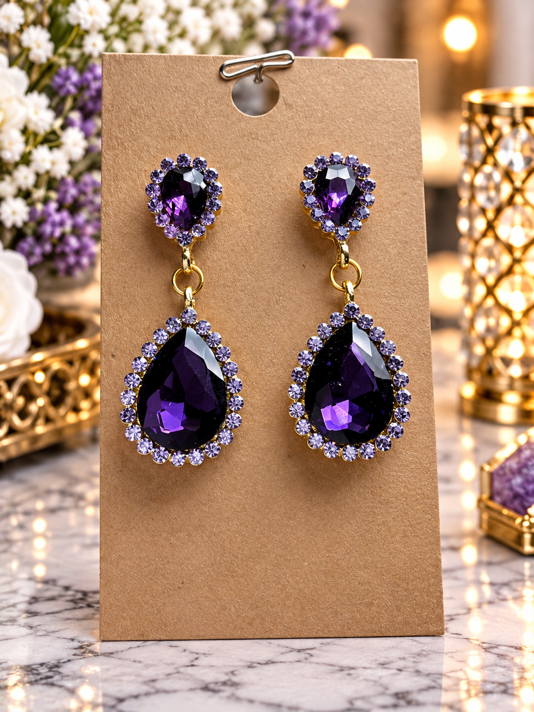 Custom Earrings - Teardrop Crystal Chandelier Dangle Earring - Purple