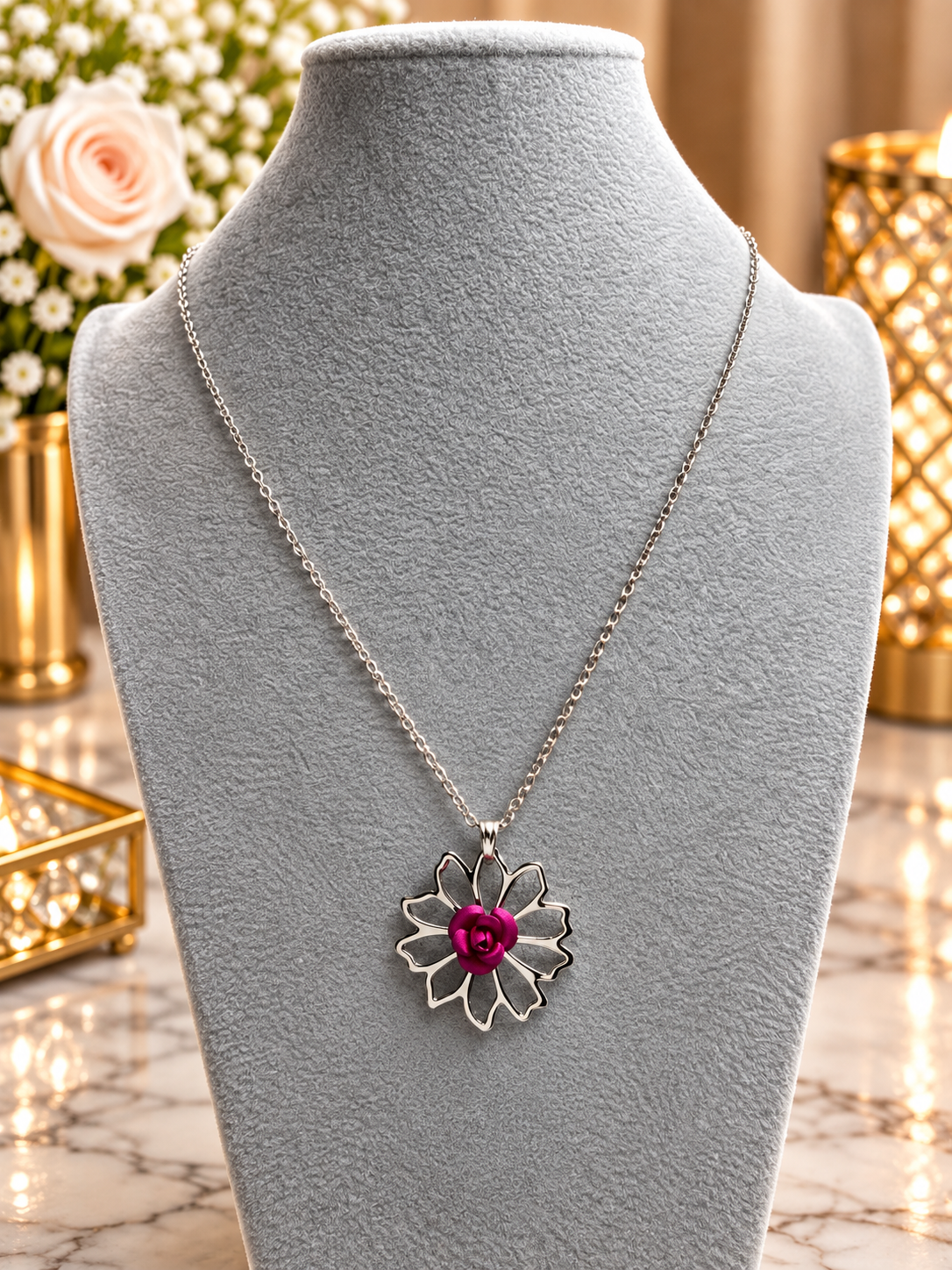 Custom Necklace - Rose Necklace - Pink