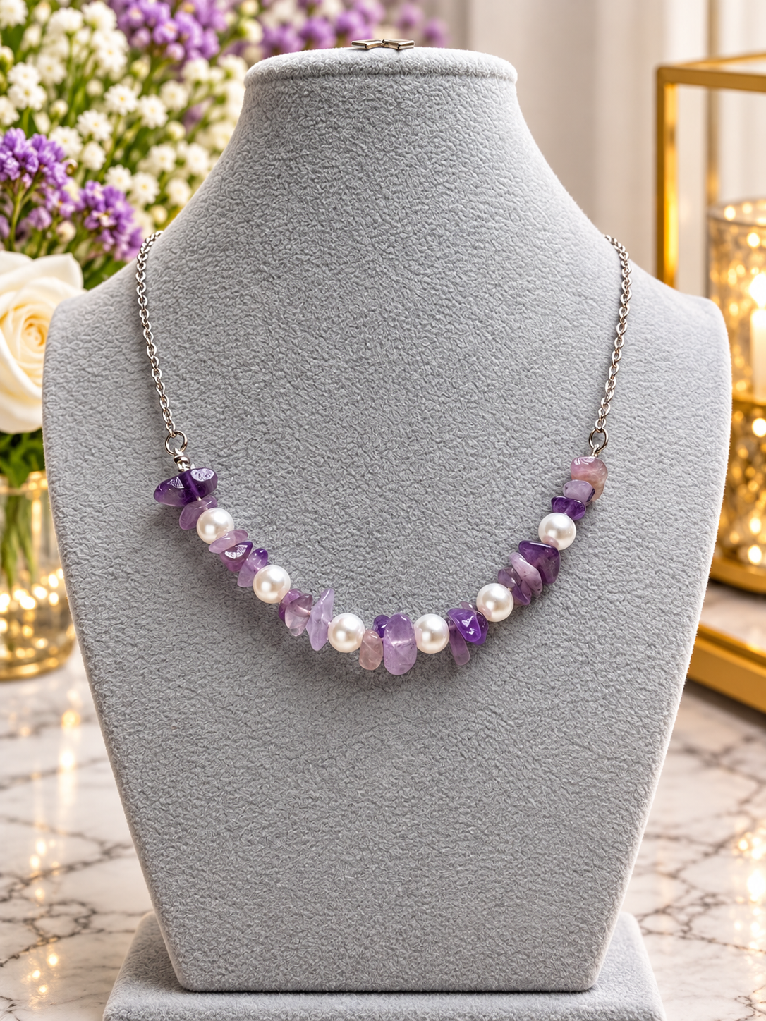 Custom Necklace - Pebbles and Pearls - Purple