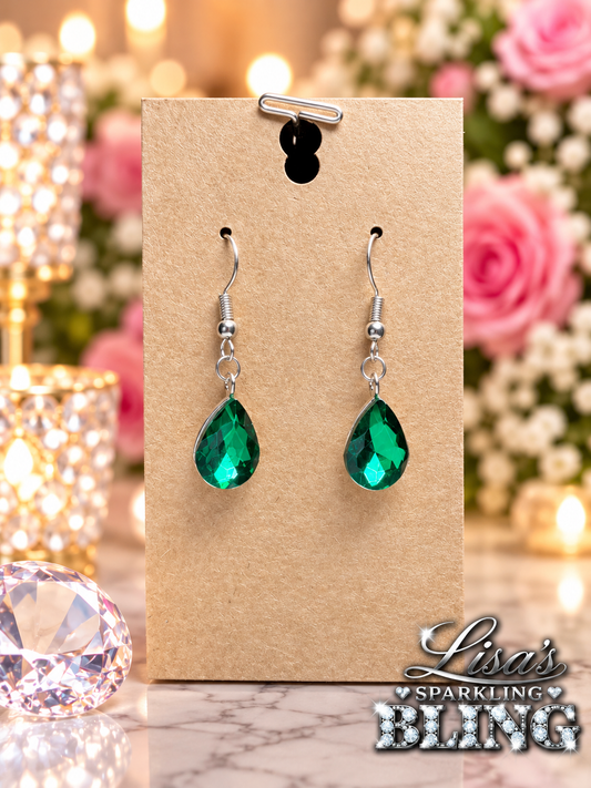 Custom Earrings - Teardrop Rhinestone Earrings - Green